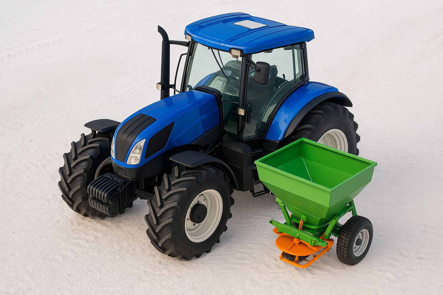 Nærbillede af en rød Kellfri sand- og saltspreder monteret bag på en traktor.