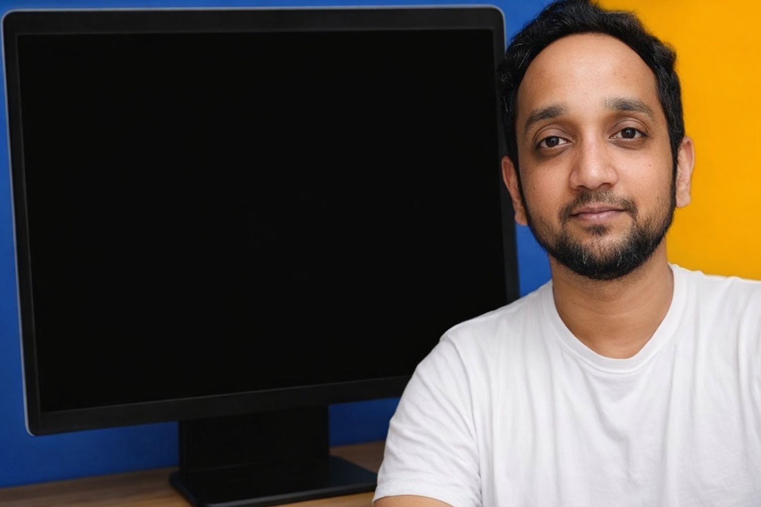 Mand foran en computerskærm i et moderne arbejdsmiljø.